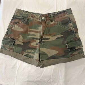 Green and Brown Cargo Shorts with Cuffed Hem
